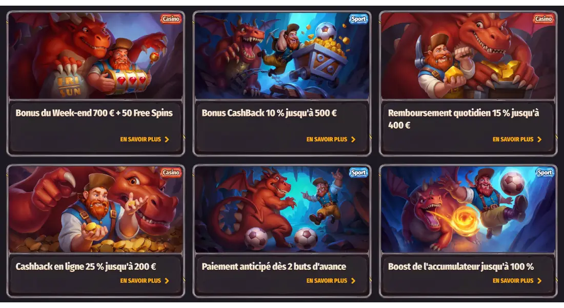 Offres de cashback Dragonia Casino : remboursement quotidien, cashback en ligne et bonus du week-end
